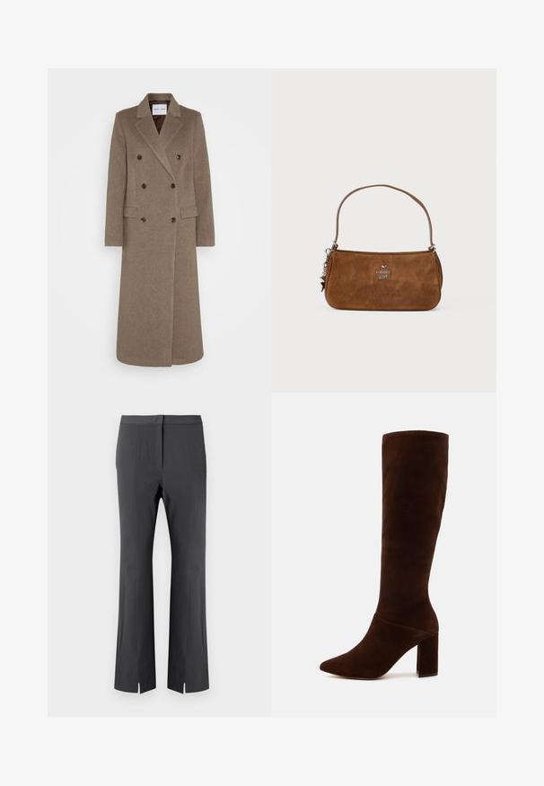 Dobbeltradet brun ullkåpe med spiss revers, to frontlommer og kontrasterende brune knapper. Lengden når til midt på leggen.; Beige langermet genser med høy hals laget av myk, teksturert stoff; har en slim fit og høy krage. Ingen synlige mønstre eller maskinvare.; Svarte bukser med smal passform, laget av glatt materiale, med frontpress og sidesliss ved kanten for ekstra design.; Brune suede høye støvler med spiss tå og en chunky firkantet hæl. Glatt tekstur med tettsittende skaft og uten synlige lukkinger.; Brun semsket håndveske med en kort stropp. Har en sølvlogo, stjernedetalj og jevn tekstur. Kompakt rektangulær form.