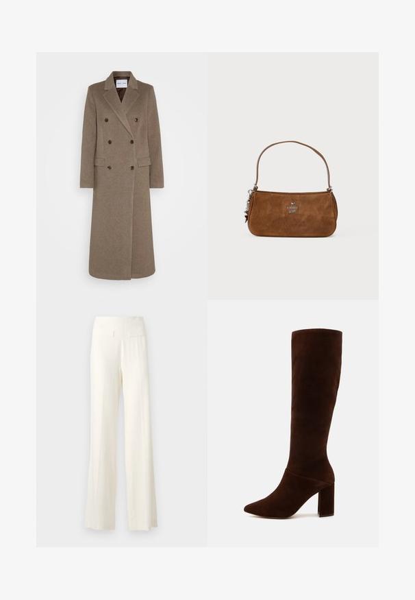 Dvigubos rudos vilnos švarko su įpjovomis apykaklėmis, dviem priekinėm kišenėm ir kontrastingais rudais mygtukais. Ilgis siekia vidurinę blauzdą.; Smėlio spalvos ilgos rankovės golfo megztinis, pagamintas iš minkštos, tekstūruotos medžiagos; turi siaurą siluetą ir aukštą apykaklę. Nėra matomų raštų ar detalių.; Kreminės plačios kelnės, pagamintos iš tekstūruoto audinio, su subtiliomis vertikaliomis juostelėmis ir dviem galinėmis kišenėmis.; Rudos suedinės kelio ilgio batai su smailiu pirštu ir stambiu kvadratiniu kulnu. Lygus paviršius, prigludusi koja ir be matomų užsegimų.; Ruda suedinė rankinė su trumpa rankena. Yra sidabrinis logotipas, žvaigždutės akcentas ir lygus paviršius. Kompaktinė stačiakampio forma.