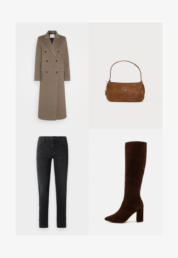Divkāršs brūns vilnas mētelis ar iegrieztiem atlokiem, divām priekšējām kabatām un kontrastējošām brūnām pogām. Garums sasniedz pusloku.; Beige garš piedurkņu turtleneck tops, izgatavots no mīksta, teksturēta auduma; ar šauru piegriezumu un augstu kakla izgriezumu. Nav redzamu rakstu vai detaļu.; Melni šauri džinsi ar priekšējo pogu, jostu cilpiņām un smalku izbalēšanu gar sāniem un priekšējām augšstilbu daļām.; Brūnas zamšādas ceļgala augstuma zābaki ar smailu purngalu un masīlu kvadrātveida papēdi. Gluda tekstūra ar pieguļošu kāju daļu un bez redzamām aizdaru sistēmām.; Brūna zamšādas rokassoma ar īsu siksniņu. Iespējas: sudraba logo, zvaigznes akcenti un gluda tekstūra. Kompaktā taisnstūra forma.