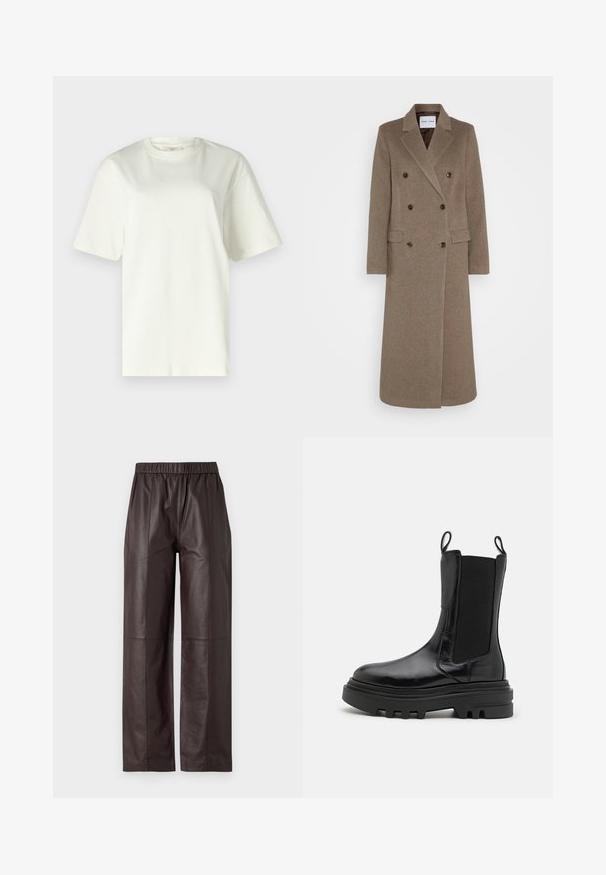 Double-breasted brown wool coat with notched lapels, two front pockets, and contrasting brown buttons. Length reaches mid-calf.; White cotton t-shirt with short sleeves, crew neckline, relaxed fit, smooth texture, and no visible patterns or hardware.; Brown leather wide-leg pants with an elastic waistband and a smooth texture, featuring seam detailing on front and back.; Black ankle boots with a shiny leather finish, elastic side panels, pull tabs, and a thick, textured rubber sole. Chunky design, sleek silhouette.