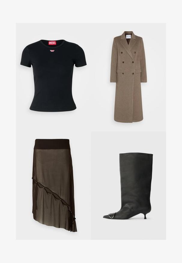 Kaksirivinen ruskea villakangastakki, jossa on viistetyt läpät, kaksi etutaskua ja kontrastoivat ruskeat napit. Pituus ulottuu puoleen sääristä.; Mustat ribattuja t-paita, jossa on pyöreä kaula-aukko. Rinnassa on pieni punainen Diesel-logo. Lyhyet hihat ja vartaloa myötäilevä muoto.; Mustat verkkohame, jossa on istuva vyötärö, epäsymmetrinen helma, koristeelliset napit edessä ja kerroksellinen läpikuultava rakenne.; Musta nahkainen nilkkabootsi, jossa on terävä kärki, pieni korko ja metallinen korostus kärjessä. Pehmeä, mattapintainen rakenne kauttaaltaan.