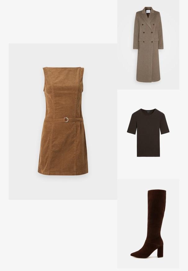 Dubbelsidig brun ullrock med spetsiga slag, två framfickor och kontrasterande bruna knappar. Längden når mitt på vaderna.; Mörkbrun kortärmad t-shirt med rund halsringning, enfaldig design med ribbad krage, märkt Massimo Dutti vid halsen.; Brun kordflorsklänning med fyrkantig halsringning, utan ärmar, figursydd liv och ett bälte med detaljer i silverkulor.; Brun mockakänga i knähöjd med spetsig tå och en kraftig fyrkantig klack. Slät textur med en åtsittande stång och inga synliga stängningar.; Brun mockaläder väska med en kort rem. Innehåller en silverfärgad logotyp, stjärn-accents och slät yta. Kompakt rektangulär form.