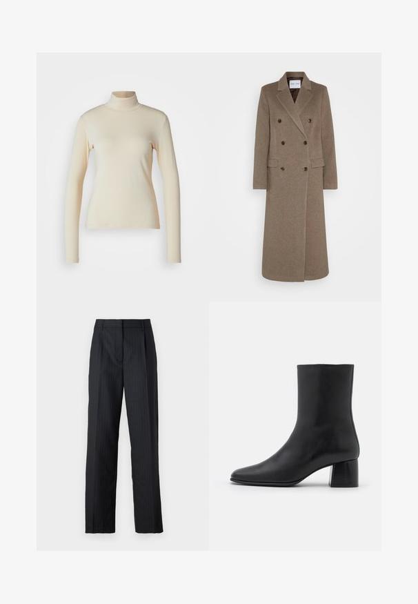 Dvojitě zapínaný hnědý vlněný kabát s klopami, dvěma předními kapsami a kontrastními hnědými knoflíky. Délka kabátu dosahuje do poloviny lýtek.; Krémový dlouhý rukáv rolák vyrobený z hladkého, elastického materiálu; přiléhavý střih s vysokým límcem a bez viditelných vzorů nebo akcentů.; Ušité černé kalhoty se proužky, se střihem rovného nohavice, skládanými záhyby a tradičním pasem. Hladká textura látky.; Černé kožené kotníkové boty s špičatou špičkou a robustním čtvercovým podpatek. Hladká textura s bezšvovým designem a minimalistickým prošíváním.