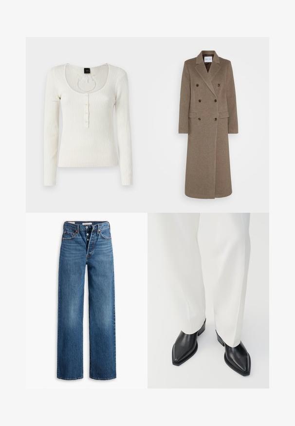 Dvigubos rudos vilnos švarko su įpjovomis apykaklėmis, dviem priekinėm kišenėm ir kontrastingais rudais mygtukais. Ilgis siekia vidurinę blauzdą.; Ilgas rankovės, kreminės spalvos juostuotas marškinėliai su apvaliu iškirpimu, penkių mygtukų užsegimu ir subtiliu išpjovimu nugaroje. Lygus paviršius.; Mėlyni džinsai su plačiomis kojomis, penkiais kišenėmis, mygtukais ir kontrastingais siūlais. Struktūruotas audinys su dėvėtu paviršiumi.; Juodos, smailėmis pirštinėmis kulkšninių aulinukai su glotna odos apdaila, mažu blokiniu kulnu, derinami su baltais plačiakulkšniais keliais. Paprastas ir modernus dizainas.