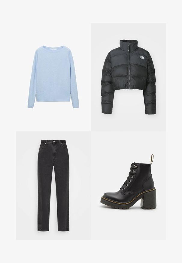 Cropped black puffer jacket with a high collar and front zipper. Features horizontal quilted panels and a small logo on the chest.; Light blue sweater featuring a round neck, long sleeves, soft texture, and ribbed cuffs and hem for a fitted look.; Straight-leg black denim jeans with high waist, front button and zipper, and five-pocket styling on a white background.; Black leather ankle boot featuring a chunky high heel, lace-up front, metal eyelets, and yellow stitching along the sole. Textured rubber outsole.