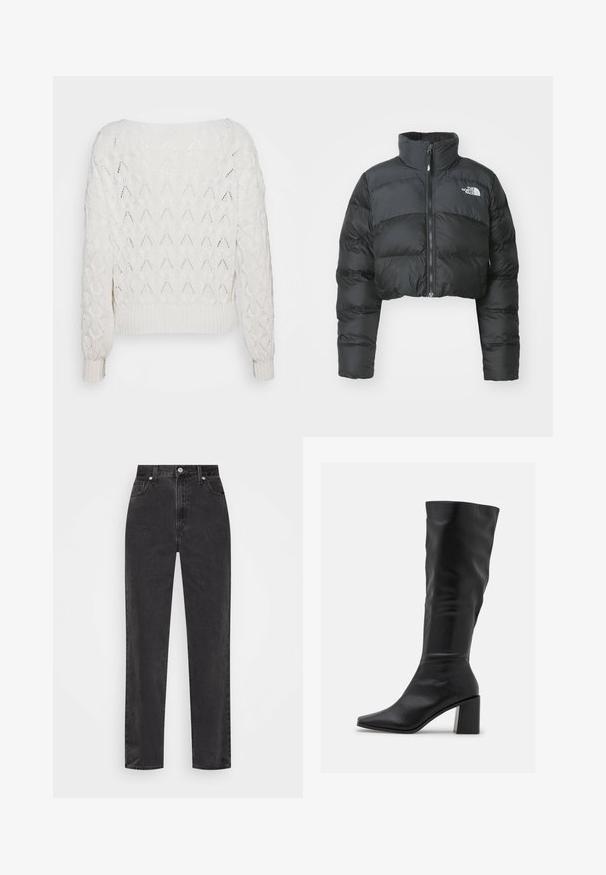 Doudoune noire raccourcie avec un col montant et une fermeture éclair à l'avant. Présente des panneaux matelassés horizontaux et un petit logo sur la poitrine.; Pull en tricot écru avec un motif en losanges, des poignets et un ourlet côtelés, avec une coupe ample et un col large.; Jeans en denim noir à jambe droite avec taille haute, bouton et fermeture éclair à l'avant, et style cinq poches sur fond blanc.; RAID BLICK - Bottes - black