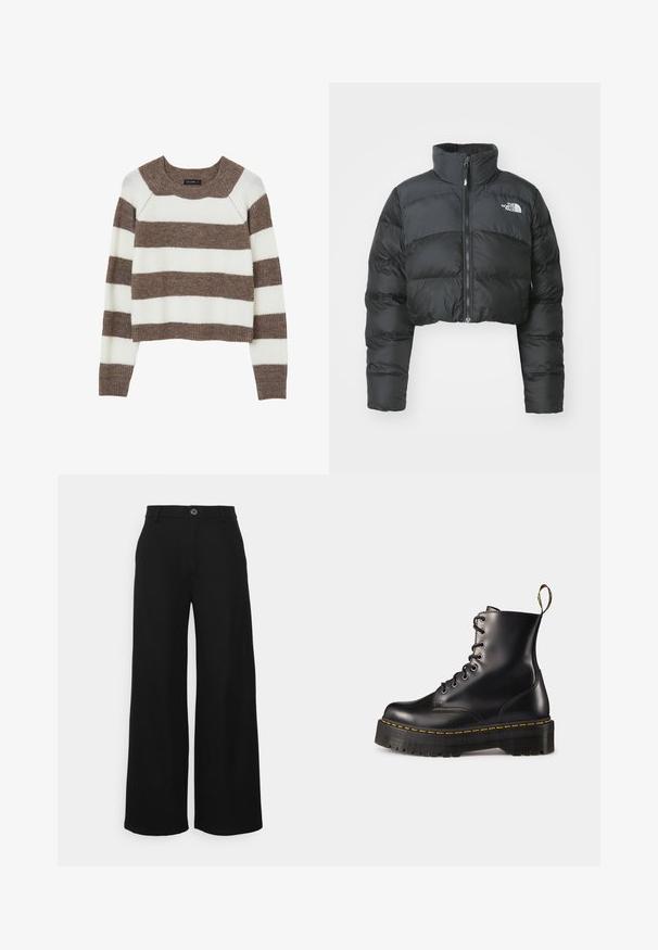 Doudoune noire raccourcie avec un col montant et une fermeture éclair à l'avant. Présente des panneaux matelassés horizontaux et un petit logo sur la poitrine.; Calliope RAYÉ À COL RAS DU COU - Pullover - une variante; Even&Odd Petite Pantalon classique - black; Bottes chelsea en cuir noir avec lacets, à semelle épaisse noire et couture jaune. Comprend une anse à l'arrière et des œillets en métal circulaires.