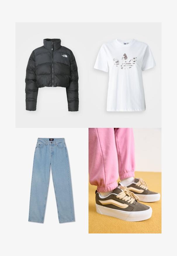 Gekürzte schwarze Daunenjacke mit hohem Kragen und Vorderreißverschluss. Sie verfügt über horizontale Stepppaneele und ein kleines Logo auf der Brust.; Weißes Baumwoll-T-Shirt mit einem großen, glitzernden, dunklen Grafikdesign des Adidas Trefoil-Logos auf der Vorderseite. Kurzärmelig und mit Rundhalsausschnitt.; Helle blaue Denim-Jeans mit geradem Schnitt, fünf Taschen, Knopfverschluss und dezenten Ausbleichungen auf der Vorderseite.; Sneaker mit olivgrünem Wildleder-Obermaterial, cremefarbenen Akzenten und einer dicken weißen Sohle. Kombiniert mit rosa hochgekrempelten Jogginghosen, die auf einer gelben Fläche stehen.