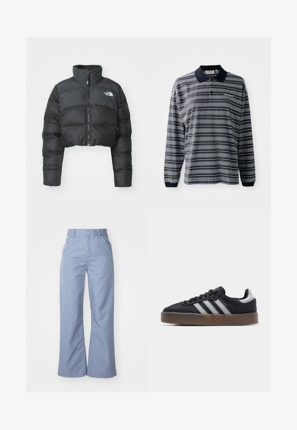 Skraťaná čierna páperová bunda s vysokým golierom a predným zipsom. Obsahuje horizontálne prešité panely a malé logo na hrudi.; Poloko s dlhým rukávom v námorníckej modrej a bielej pruhovanej farbe, z bavlnenej látky, s golierom, trojicou gombíkov a malým vyšitým logom na hrudi.; Svetlo modré široké nohavice z hladkej bavlnenej zmesi, s prednými vreckami a gombíkovým zapínaním v páse.; Čierne tenisky s elegantným vzhľadom, ktoré majú tri biele pruhy, čierny jazyk a štruktúrovanú hnedú gumovú podrážku. Doplnky zlatého písma.