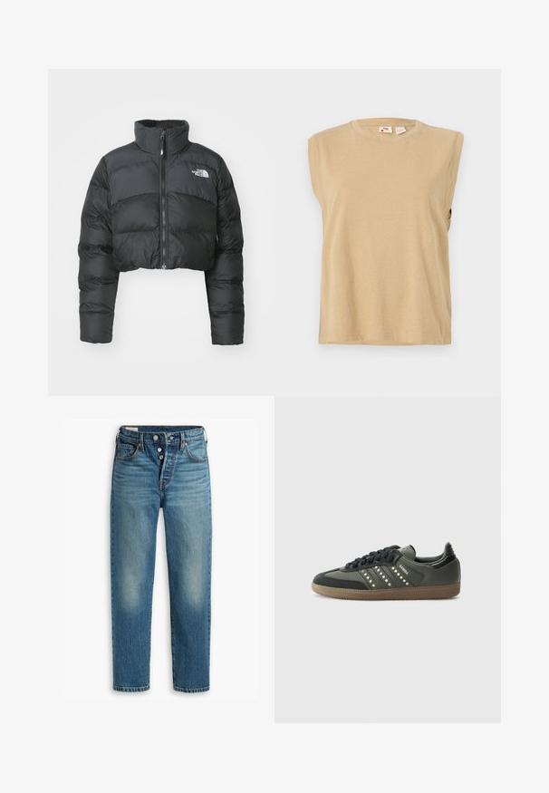 Chaqueta de plumas negra recortada con un alto cuello y cremallera frontal. Presenta paneles acolchados horizontales y un pequeño logo en el pecho.; Top sin mangas de color beige, hecho de una tela suave, con un escote redondo y un corte relajado con detalles de costura mínimos.; Vaqueros de mezclilla azul claro con corte recto, diseño de cinco bolsillos y cierre de botón. Con un ligero desgaste y sutiles marcas de desgaste en la parte frontal.; adidas Originals SAMBA OG - Zapatillas - core black/legend earth/gum