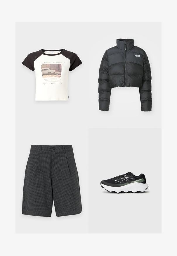 Krótkia czarna kurtka puchowa z wysokim kołnierzem i zamkiem błyskawicznym z przodu. Posiada poziome pikowane panele oraz małe logo na klatce piersiowej.; Koszulka z krótkim rękawem w białym kolorze z czarnymi rękawami raglanowymi. Z przodu znajduje się nadrukowany grafika i tekst. Wykonana z mieszanki bawełny.; Mroczne szare szorty w kratę, z zakładkami, bocznymi kieszeniami i zapięciem na guzik w pasie. Gładka tekstura materiału.; Czarne buty sportowe z siateczkową cholewką, białymi i jasnoskalnymi akcentami, wyściełaną białą podeszwą oraz teksturowanym gripem na podeszwie zewnętrznej.