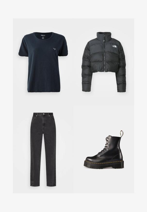 Gekürzte schwarze Daunenjacke mit hohem Kragen und Vorderreißverschluss. Sie verfügt über horizontale Stepppaneele und ein kleines Logo auf der Brust.; Navyblaues Kurzarm-T-Shirt aus weichem Stoff, mit Rundhalsausschnitt und kleinem Logo auf der linken Brust. Schlichtes und lässiges Design.; Schwarze Denim-Jeans mit geradem Bein, hoher Taille, vorderem Knopf und Reißverschluss sowie fünf Taschen auf weißem Hintergrund.; Schwarze Leder-Schnürstiefel mit knöchelhohem Schaft, einer robusten schwarzen Sohle und gelben Nähten. Verfügt über eine Lasche hinten und runde Metallösen.