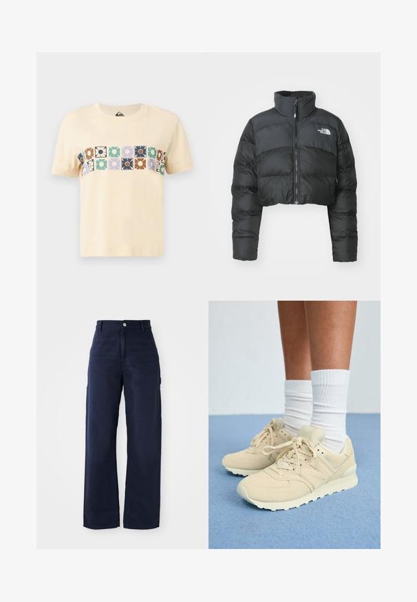 Gekürzte schwarze Daunenjacke mit hohem Kragen und Vorderreißverschluss. Sie verfügt über horizontale Stepppaneele und ein kleines Logo auf der Brust.; Sahnefarbendes Baumwoll-T-Shirt mit einem horizontalen Blockmuster aus stilisierten Blumen in verschiedenen Farben. Kurzärmelig und mit Rundhalsausschnitt.; Marineblaue, weite Cargo-Hosen aus robustem Baumwollstoff, mit Seitentaschen und einem Knopfverschluss an der Taille.; Hellbeige Sneakers aus Wildleder, mit gepolstertem Zungenbereich, abgerundeter Schuhspitze und strukturierten Sohlen. Kombiniert mit weißen Rippensocken.