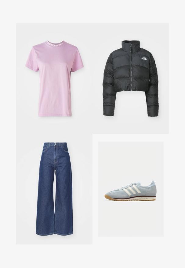 Krótkia czarna kurtka puchowa z wysokim kołnierzem i zamkiem błyskawicznym z przodu. Posiada poziome pikowane panele oraz małe logo na klatce piersiowej.; Jasnoróżowa koszulka z krótkim rękawem, okrągłym dekoltem, z białym napisem "THE NORTH FACE" na kołnierzyku. Wykonana z miękkiej bawełny.; Szerokie dżinsy wykonane z ciemnoniebieskiego denimu. Wysoki stan z zapięciem na suwak i guzik. Posiada klasyczny pięcio-kieszeniowy styl oraz podwinięte końce.; Jasnoniebieskie zamszowe sneakersy z białymi trzema paskami, gumową podeszwą i teksturowaną siateczką. Posiadają gładki czubek oraz logo na pięcie.