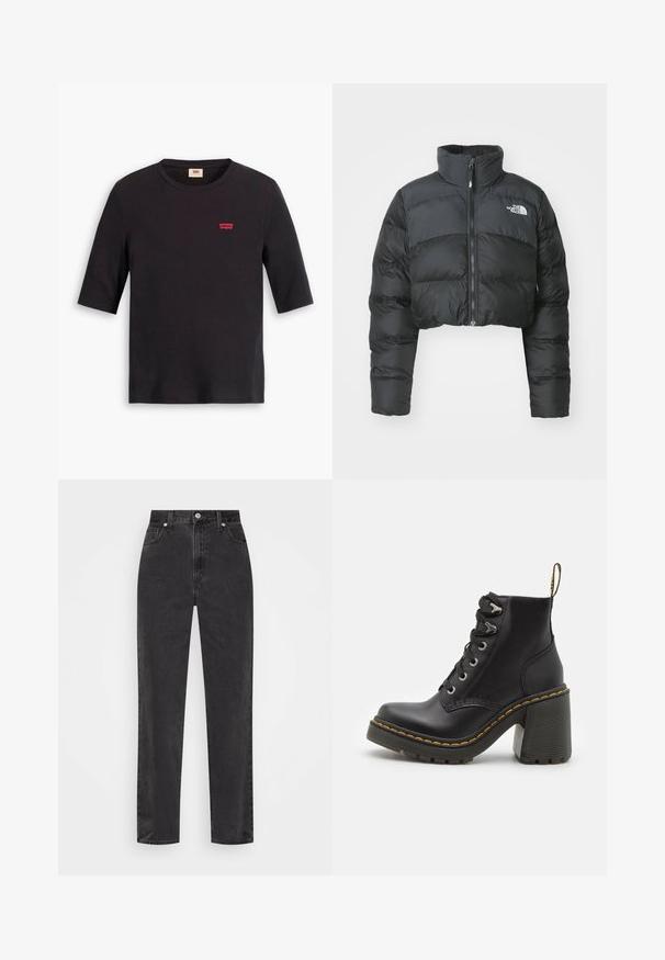 Afklippet sort pufferjakke med høj krave og frontlynlås. Har vandrette quiltede paneler og et lille logo på brystet.; Sort bomulds T-shirt med rund halsudskæring og korte ærmer. Har et lille rødt Levi's-logo på brystet. Blød tekstur.; Sorte denim jeans med lige ben, høj talje, foran knap og lynlås, samt fem-lomme stil på en hvid baggrund.; Sorte læder ankelstøvler med en kraftig høj hæl, snørebånd foran, metaløjer og gule sting langs sålen. Tekstureret gummisål.
