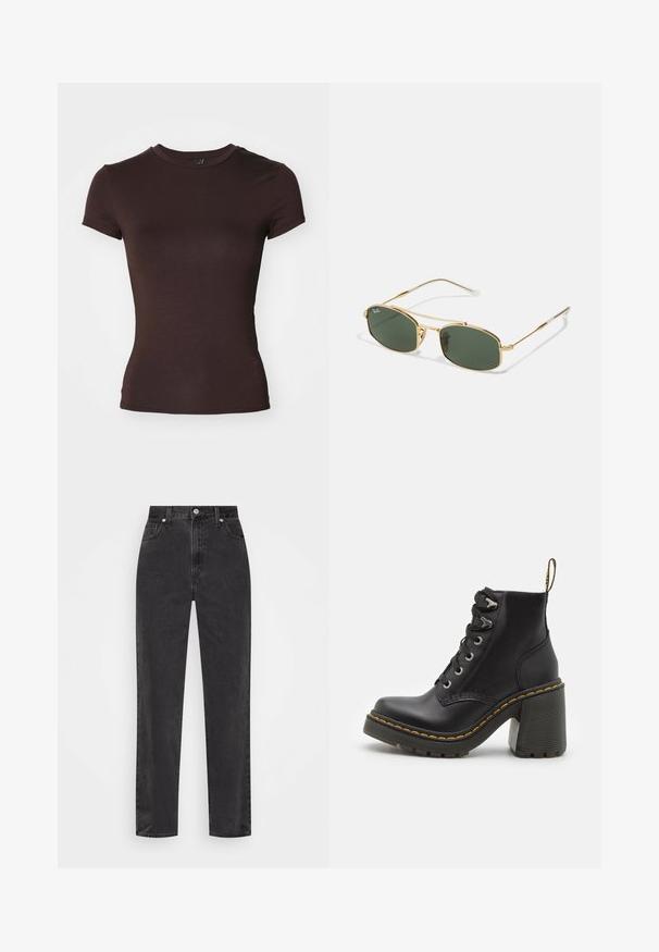 Giacca a vento nera accorciata con colletto alto e zip frontale. Presenta pannelli orizzontali trapuntati e un piccolo logo sul petto.; T-shirt marrone a maniche corte con scollatura rotonda, realizzato in un tessuto liscio e leggero, caratterizzato da una forma aderente e senza motivi visibili.; Jeans in denim nero a gamba dritta con vita alta, bottone e cerniera frontali, e cinque tasche su uno sfondo bianco.; Stivaletto in pelle nera con tacco alto chunky, lacci frontali, occhielli in metallo e cuciture gialle lungo la suola. Suola in gomma testurizzata.; Occhiali da sole in metallo dorato con lenti verdi, caratterizzati da una forma angolare e bracci sottili. Il design presenta una montatura elegante e un branding discreto sulla lente.