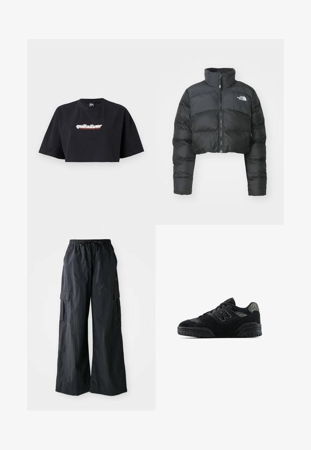 Afklippet sort pufferjakke med høj krave og frontlynlås. Har vandrette quiltede paneler og et lille logo på brystet.; Sort crop top t-shirt med korte ærmer, lavet af bomuld. Foran vises "Quiksilver Boarding Company" logoet i hvidt og rødt.; Sorte cargo-bukser lavet af letvægtigt stof, med vidde i benene, elastisk talje og flere sidelommer. Enkle og funktionelle.; Sorte lavtop sneakers med struktureret sål, snørebåndsdesign, ruskindsindlæg og mønstrede detaljer på hælen og logen på siden.