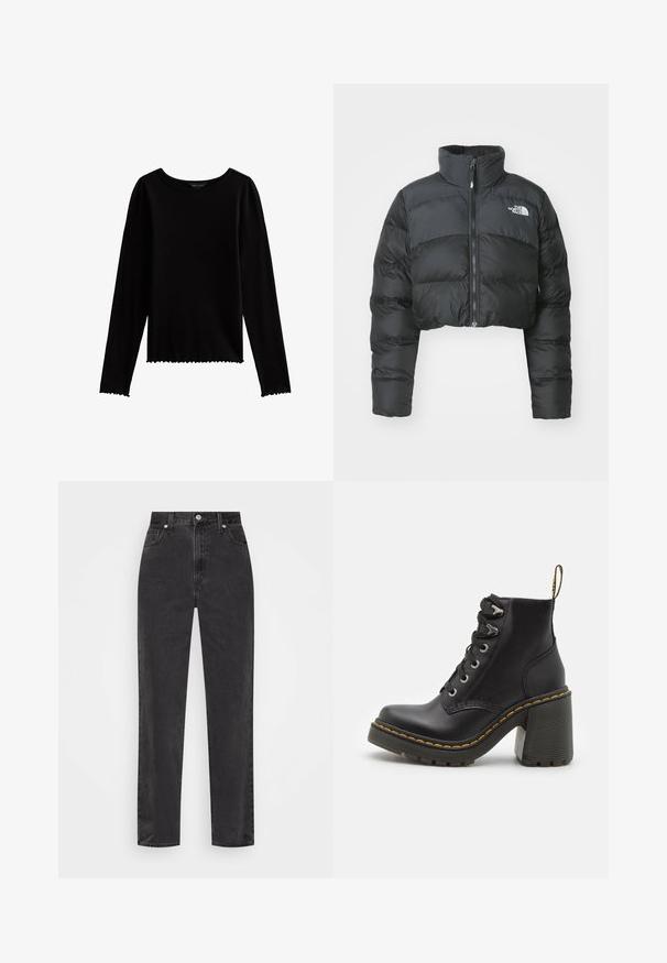 Kort svart puffjacka med hög krage och framdragkedja. Har horisontella kviltade paneler och en liten logotyp på bröstet.; Svart långärmad topp i elastiskt tyg med rundad halsringning och scallop-mudd. Har figurnära ärmar och en kort passform.; Svarta jeans med rak benstil och hög midja, framknapp och dragkedja, samt fem fickor mot en vit bakgrund.; Svart läderankelboot med en kraftig hög klack, snörning framtill, metalldetaljer och gula sömmar längs sulan. Texturerad gummisula.
