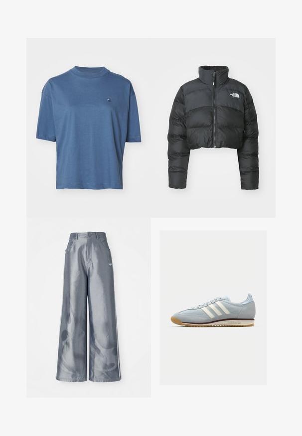 Krótkia czarna kurtka puchowa z wysokim kołnierzem i zamkiem błyskawicznym z przodu. Posiada poziome pikowane panele oraz małe logo na klatce piersiowej.; Carhartt WIP CHESTER petrol; Szerokie spodnie w błyszczącym szarym kolorze, z białymi paskami po bokach i wzorem płomieni na dolnej części nogawek. Zapięcie na guzik i zamek błyskawiczny w talii.; Jasnoniebieskie zamszowe sneakersy z białymi trzema paskami, gumową podeszwą i teksturowaną siateczką. Posiadają gładki czubek oraz logo na pięcie.