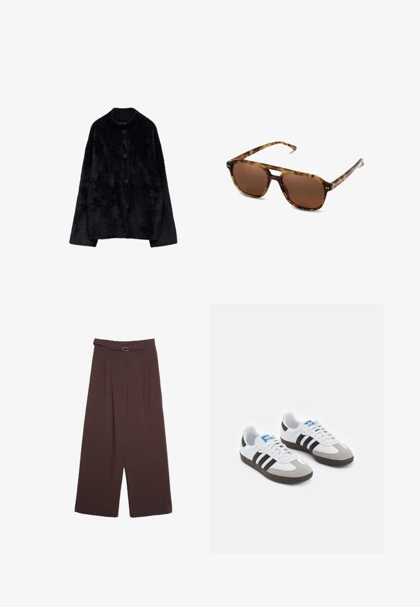 Pikowana bomberka w oliwkowym kolorze z prążkowanym kołnierzem, zatrzaskami i elastycznymi mankietami. Posiada teksturowany wzór w romby oraz, kieszenie po bokach.; Czarna futrzana kurtka zapinana na guziki z długimi rękawami i okrągłym kołnierzykiem, prezentowana na białym tle.; Biała koszulka z krótkim rękawem, wykonana z bawełny. Posiada okrągły dekolt i luźny krój. Gładka faktura bez widocznych wzorów czy akcentów.; Stradivarius - Spodnie materiałowe; Buty sportowe z białą skórzaną cholewką, szarym zamszowym noskiem i trzema czarnymi paskami. Posiadają niebieskie logo na języku oraz teksturowaną gumową podeszwę.; Okulary przeciwsłoneczne w desenie żółwia z brązowymi soczewkami, prostokątnym kształtem i cienkimi zausznikami. Charakteryzują się subtelnymi metalicznymi akcentami na oprawie.