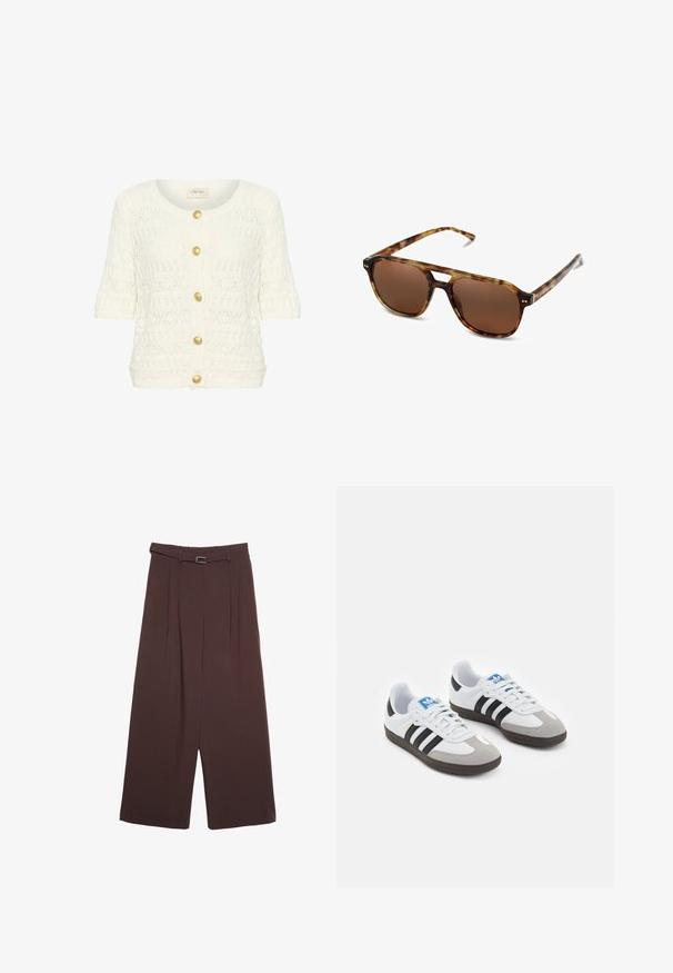 Prošívaná olivově zelená bomber bunda s žebrovaným límcem, patentními knoflíky a elastickými manžetami. Má strukturovaný diamantový vzor a postranní kapsy.; Krémová pletená cardigan s krátkými rukávy, kulatým výstřihem a pěti zlatými knoflíky na přední straně. Texturovaný otevřený vzor po celém případě.; Bílý krátký rukáv tričko vyrobené z bavlny. Má kulatý výstřih a volný střih. Hladký materiál bez viditelných vzorů nebo akcentů.; Stradivarius WIDE-LEG WITH BUCKLE DETAIL - Kalhoty - dark brown; Sportovní boty s bílým koženým svrškem, šedou semišovou špičkou a třemi černými pruhy. Obsahují modré logo na jazyku a texturovanou gumovou podrážku.; Sluneční brýle v želvovinovém designu s hnědými skly, obdélníkovým tvarem a tenkými rameny. Rám má jemné kovové akcenty.