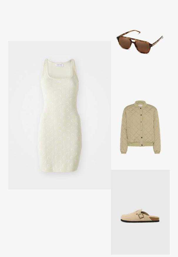 Quilted olive-green bomber jacket with a ribbed collar, snap buttons, and elastic cuffs. Features a textured diamond pattern and side pockets.; Knit bodycon dress in light yellow with a textured pattern of small white swirls. Features thick straps and a square neckline.; White short-sleeve t-shirt made of cotton. Features a crew neckline and a relaxed fit. Smooth texture with no visible patterns or accents.; Beige suede slide-on clogs with a cork footbed, rounded toe, and a simple strap featuring a gold-tone buckle. Rubber sole for grip.; Tortoiseshell sunglasses with brown lenses, rectangular shape, and thin arms. Features subtle metallic accents on the frame.