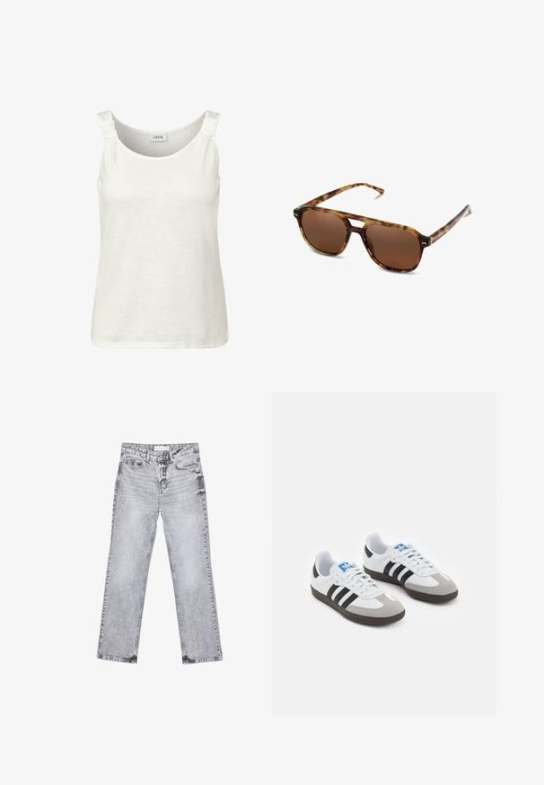 Gepolsterte olivgrüne Bomberjacke mit geripptem Kragen, Druckknöpfen und elastischen Bündchen. Sie verfügt über ein strukturiertes Rautenmuster und seitliche Taschen.; Weißes ärmelloses Tanktop mit rundem Ausschnitt und Knotendetail an den Schulterträgern. Hergestellt aus einem weichen, leichten Stoff.; Weißes T-Shirt mit kurzen Ärmeln aus Baumwolle. Hat einen Rundhalsausschnitt und eine lockere Passform. Glatte Textur ohne sichtbare Muster oder Akzente.; Graue Jeans aus Denim mit geradem Bein, mit Used-Effekten, fünf Taschen und kupferfarbenen Nieten. Der Bund verfügt über ein Logoshirt.; Sportschuhe mit einem Obermaterial aus weißem Leder, grauer Wildleder-Zehenkappe und drei schwarzen Streifen. Sie verfügen über ein blaues Logo auf der Zunge und eine strukturierte Gummisohle.; Schildpatt-Sonnenbrille mit braunen Gläsern, rechteckiger Form und dünnen Bügeln. Verfügt über subtile metallische Akzente im Gestell.