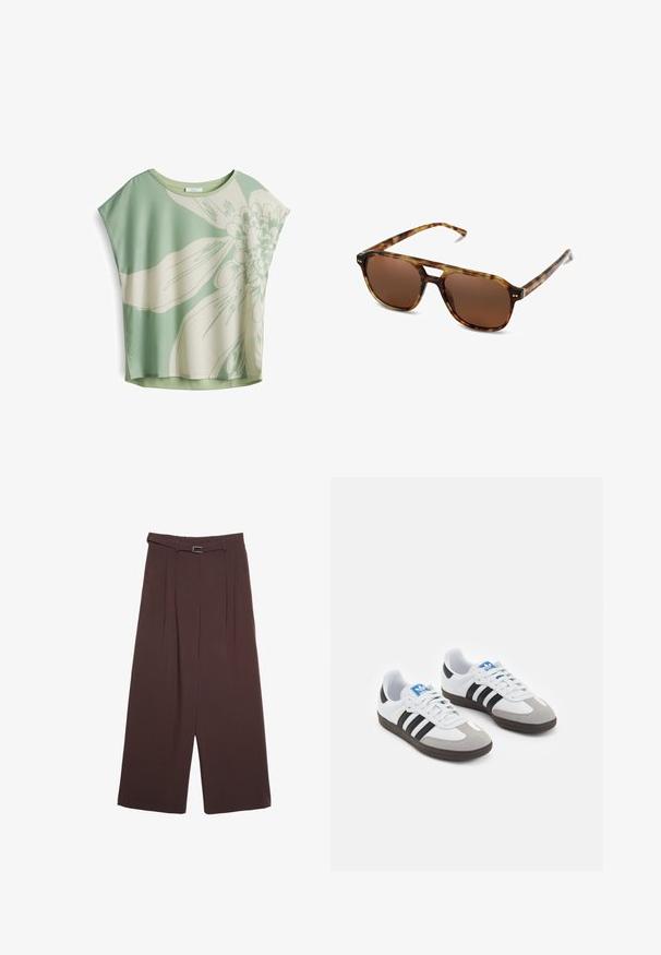 Giacca bomber trapuntata verde oliva con colletto a costine, bottoni a pressione e polsini elasticizzati. Presenta un motivo esagonale testurizzato e tasche laterali.; Maglietta a maniche corte in morbido tessuto verde chiaro con una grande stampa floreale color crema. Vestibilità rilassata con scollo rotondo e una leggera lucentezza.; T-shirt bianco a maniche corte realizzato in cotone. Presenta un collo tondo e una vestibilità rilassata. Texture liscia senza motivi o dettagli visibili.; Stradivarius WIDE-LEG WITH BUCKLE DETAIL - Pantaloni - dark brown; Scarpe sportive con tomaia in pelle bianca, punta in suede grigia e tre strisce nere. Presentano un logo blu sulla linguetta e una suola in gomma testurizzata.; Occhiali da sole tartarugati con lenti marroni, forma rettangolare e aste sottili. Presentano accenti metallici sottili sulla montatura.