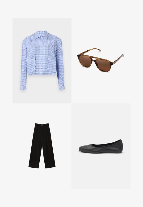 Quiltet olivengrøn bomberjakke med ribbet krave, snapknapper og elastiske manchetter. Har et struktureret diamantmønster og sidelommer.; Afklippet blå og hvid ternet skjorte, lange ærmer, knaplukning foran, lommer med flæsedetaljer, struktureret krave, glat bomuldsstof.; Hvid kortærmet t-shirt lavet af bomuld. Har en rund halsudskæring og en afslappet pasform. Glat tekstur uden synlige mønstre eller detaljer.; Sorte brede bukser med høj talje, der har et bælte i taljen og plisseringer for tekstur. Fremstillet af et glat, letvægtsstof.; Sort læderballetsko med rund tå, glat tekstur, minimal syning og et fleksibelt såldesign.; Skildpaddemønstrede solbriller med brune linser, rektangulær form og tynde arme. Har subtile metalliske accenter på rammen.