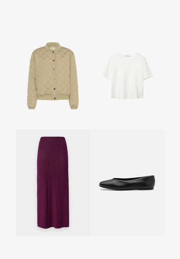 Gepolsterte olivgrüne Bomberjacke mit geripptem Kragen, Druckknöpfen und elastischen Bündchen. Sie verfügt über ein strukturiertes Rautenmuster und seitliche Taschen.; Weißes T-Shirt mit kurzen Ärmeln aus Baumwolle. Hat einen Rundhalsausschnitt und eine lockere Passform. Glatte Textur ohne sichtbare Muster oder Akzente.; Strick-Maxi-Rock in tiefem Lila mit gerader Silhouette, ausgestattet mit einem Rückenschlitz für mehr Bewegungsfreiheit und einer glatten Oberfläche.; Paul Smith TOPANGA - Klassischer Ballerina - black