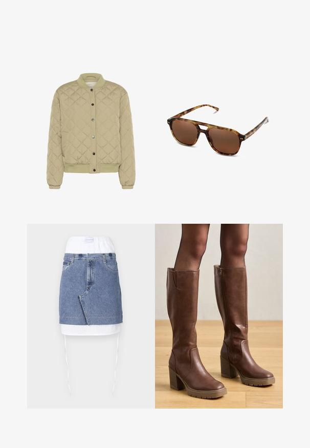 Vihreä palttinabomber-takki jossa on resorikaulus, painonappikiinnitys ja joustavat hihansuut. Takissa on teksturoitu timanttikuvio ja sivutaskut.; Valkoinen lyhythihainen T-paita, joka on tehty puuvillasta. Siinä on pyöreä kaula-aukko ja rento malli. Silkkinen pinta ilman näkyviä kuvioita tai koristeita.; Farkkuhame, jossa on sininen vartalo, valkoinen reikänauha ja nyörit. Hameessa on etutaskut, suora leikkaus ja raaka helma.; Anna Field Platform-saappaat - cognac; Kilpikonnakuosiset aurinkolasit ruskeilla linsseillä, suorakulmainen muoto ja ohuet sangan osat. Kehyksissä on hienovaraisia metallikoristeluja.