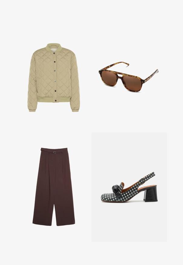 Veste bomber matelassée vert olive avec un col ribé, des boutons-pression et des poignets élastiques. Présente un motif en losanges texturé et des poches latérales.; T-shirt blanc à manches courtes en coton. Doté d'un col ras du cou et d'une coupe décontractée. Texture lisse sans motifs ni accents visibles.; Stradivarius WIDE-LEG WITH BUCKLE DETAIL - Pantalon classique - dark brown; Chaussure slingback avec un motif à pois noir et blanc, dotée d'un talon épais noir et d'un accent décoratif noir à l'avant.; Lunettes de soleil en écaille de tortue avec verres marron, forme rectangulaire et branches fines. Présente des accents métalliques subtils sur la monture.