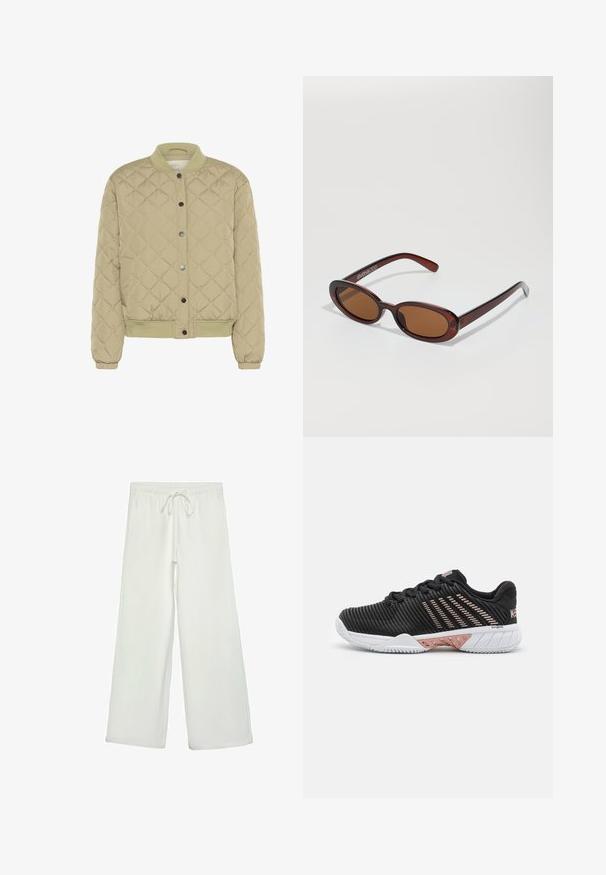 Nastavljiva jakna v olivno zeleni barvi s polnili, ribastim ovratnikom, gumbi na pritisak in elastičnimi rokavi. Ima stranske žepke in strukturirano rombasto površino.; Bela kratka majica s kratkimi rokavi iz bombaža. Ima okroglo izrezovanje in sproščen kroj. Gladka tekstura brez vidnih vzorcev ali poudarkov.; Bele široke hlače iz mehkega blaga. Imajo elastičen pas s vrvico in gladko teksturo. Brez vidnih vzorcev ali kovinskih delov.; Črne atletske čevlje z rebrasto teksturo, ki imajo roza detajle in belo podplat. Oblikovani za uspešnost z nizkim profilom.; Okrogle, rjavo obarvane sončne naočare z sijočim burgundskim okvirjem. Tanek nosilec s subtilnim logotipom. Oblika leč je ravna.