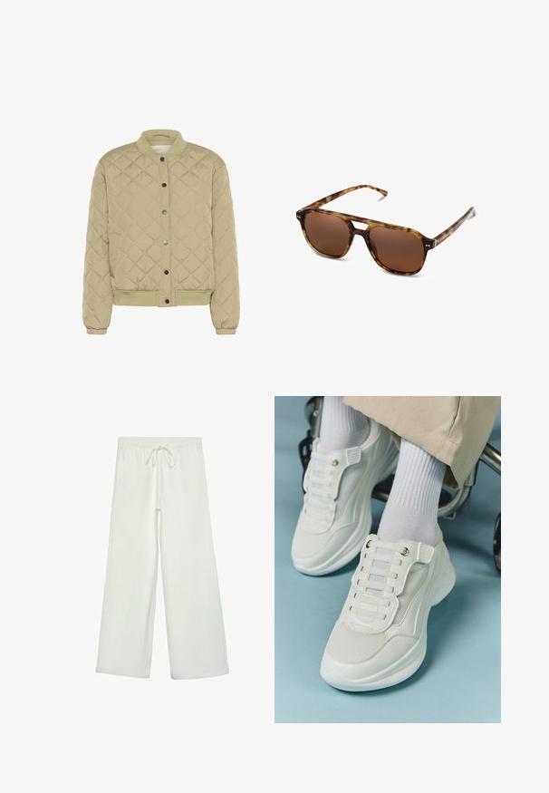 Vihreä palttinabomber-takki jossa on resorikaulus, painonappikiinnitys ja joustavat hihansuut. Takissa on teksturoitu timanttikuvio ja sivutaskut.; Valkoinen lyhythihainen T-paita, joka on tehty puuvillasta. Siinä on pyöreä kaula-aukko ja rento malli. Silkkinen pinta ilman näkyviä kuvioita tai koristeita.; Valkoiset leveälahkeiset housut pehmeästä kankaasta. Varustettu joustavalla vyötäröllä ja nyörillä sekä sileällä pinnalla. Ei näkyviä kuvioita tai tarvikkeita.; Valkoiset lenkkarit, joissa on verkkokangas, kumipohja, nauhattomuus elastisilla nauhoilla ja kultatäyteiset yksityiskohdat.; Kilpikonnakuosiset aurinkolasit ruskeilla linsseillä, suorakulmainen muoto ja ohuet sangan osat. Kehyksissä on hienovaraisia metallikoristeluja.