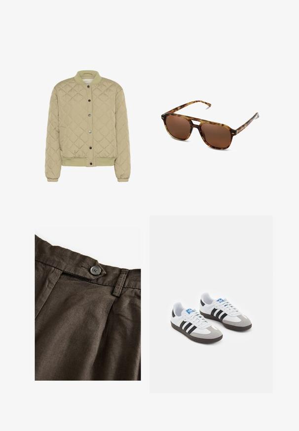 Pikowana bomberka w oliwkowym kolorze z prążkowanym kołnierzem, zatrzaskami i elastycznymi mankietami. Posiada teksturowany wzór w romby oraz, kieszenie po bokach.; Biała koszulka z krótkim rękawem, wykonana z bawełny. Posiada okrągły dekolt i luźny krój. Gładka faktura bez widocznych wzorów czy akcentów.; Brązowe lniane spodnie z zapięciem na guzik, z zakładkami z przodu i teksturowanym materiałem. Pas jest usztywniony z widocznym przeszyciem.; Buty sportowe z białą skórzaną cholewką, szarym zamszowym noskiem i trzema czarnymi paskami. Posiadają niebieskie logo na języku oraz teksturowaną gumową podeszwę.; Okulary przeciwsłoneczne w desenie żółwia z brązowymi soczewkami, prostokątnym kształtem i cienkimi zausznikami. Charakteryzują się subtelnymi metalicznymi akcentami na oprawie.
