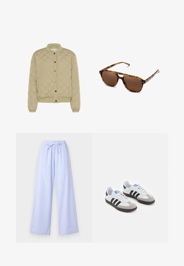 Quilted olive-green bomber jacket with a ribbed collar, snap buttons, and elastic cuffs. Features a textured diamond pattern and side pockets.; White short-sleeve t-shirt made of cotton. Features a crew neckline and a relaxed fit. Smooth texture with no visible patterns or accents.; Light blue striped wide-leg pants with an elastic waistband and adjustable tie. Features a soft fabric with vertical stripes for texture.; Sport shoes with a white leather upper, gray suede toe, and three black stripes. Features a blue logo on the tongue and a textured rubber sole.; Tortoiseshell sunglasses with brown lenses, rectangular shape, and thin arms. Features subtle metallic accents on the frame.