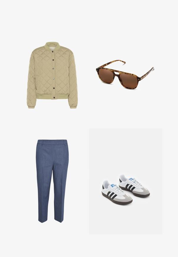 Vihreä palttinabomber-takki jossa on resorikaulus, painonappikiinnitys ja joustavat hihansuut. Takissa on teksturoitu timanttikuvio ja sivutaskut.; Valkoinen lyhythihainen T-paita, joka on tehty puuvillasta. Siinä on pyöreä kaula-aukko ja rento malli. Silkkinen pinta ilman näkyviä kuvioita tai koristeita.; Räätälöidyt housut tummansinisestä kankaasta, jossa on hienovarainen rakenne. Ominaisuuksiin kuuluu tasainen etuosa, suorat lahkeet ja keskimääräinen vyötärö. Ei näkyviä taskuja.; Urheilukengät, joissa on valkoinen nahkainen päällinen, harmaa mokkanokka ja kolme mustaa raitaa. Ominaisuuksina sininen logo kielekkeessä ja kuvioitu kumipohja.; Kilpikonnakuosiset aurinkolasit ruskeilla linsseillä, suorakulmainen muoto ja ohuet sangan osat. Kehyksissä on hienovaraisia metallikoristeluja.