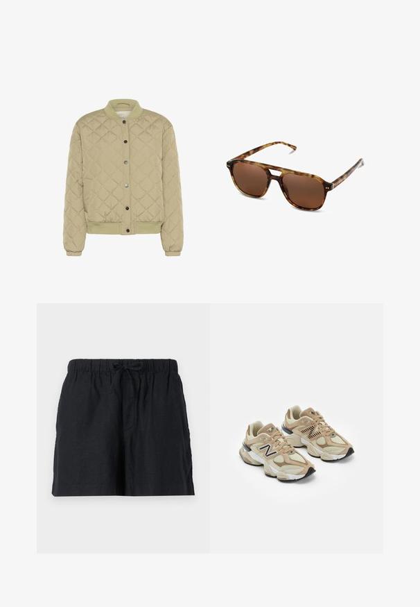 Quiltet olivengrøn bomberjakke med ribbet krave, snapknapper og elastiske manchetter. Har et struktureret diamantmønster og sidelommer.; Hvid kortærmet t-shirt lavet af bomuld. Har en rund halsudskæring og en afslappet pasform. Glat tekstur uden synlige mønstre eller detaljer.; Sorte linnedesign shorts med elastisk talje og snor. Har sidelommer og et afslappet fit.; Beige sneakers med mesh og suede materialer. Har et sort logo og teksturerede accenter. Tyk hvid mellemsål og sort gummisål.; Skildpaddemønstrede solbriller med brune linser, rektangulær form og tynde arme. Har subtile metalliske accenter på rammen.