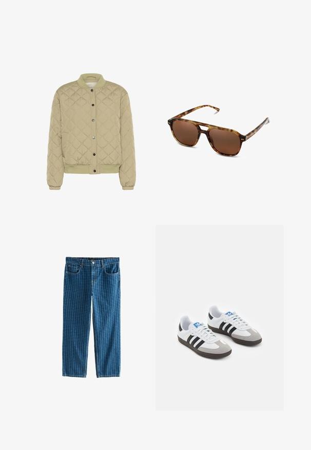 Vatterad olivgrön bomberjacka med ribbad krage, tryckknappar och elastiska ärmslut. Har ett strukturerat diamantmönster och sidofickor.; Vit t-shirt med kort ärm i bomull. Har en rundad halsringning och en avslappnad passform. Slät textur utan synliga mönster eller detaljer.; Blå denimjeans med rutigt mönster. Har fem fickor, dragkedja och standard bälteshällor. Lös passform, rak ben.; Sportskor med överdel i vit läder, grå mocka på tårna och tre svarta ränder. Har en blå logotyp på tungan och en texturerad gummisula.; Sköldpaddsrandiga solglasögon med bruna linser, rektangulär form och tunna bågar. Har subtila metalliska accenter på ramen.
