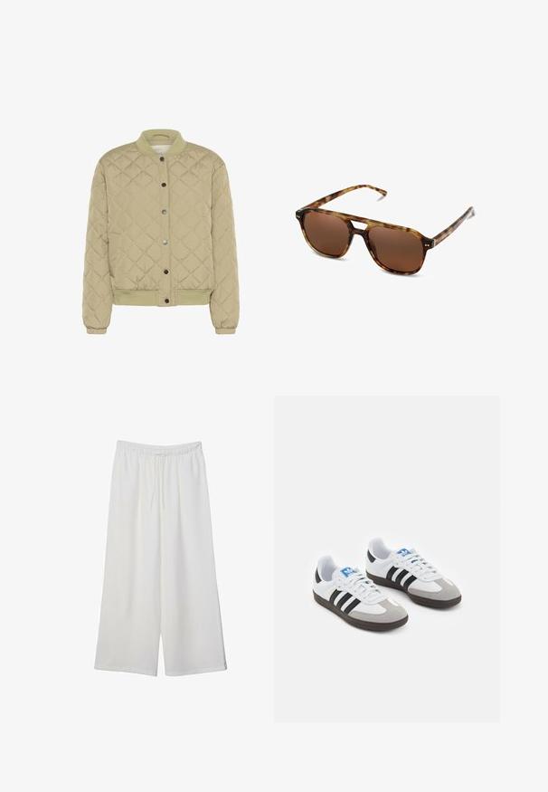 Gevoerd olijfgroen bomberjack met een geribde kraag, drukknoopsluiting en elastische manchetten. Beschikt over een gestructureerd ruitpatroon en zijkappen.; Witte korte mouwen t-shirt van katoen. Heeft een ronde halslijn en een ontspannen pasvorm. Glad textuur zonder zichtbare patronen of accenten.; Witte wijde broek van lichtgewicht stof, met een elastische tailleband en een trekkoord voor een verstelbare pasvorm. Glad texture.; Sportschoenen met een witte leren bovenkant, grijze suède neus en drie zwarte strepen. Bevat een blauw logo op de tong en een gestructureerde rubberen zool.; Tortoishell zonnebril met bruine lenzen, rechthoekige vorm en dunne pootjes. Heeft subtiele metallic accenten op het frame.