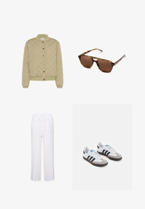 Prošívaná olivově zelená bomber bunda s žebrovaným límcem, patentními knoflíky a elastickými manžetami. Má strukturovaný diamantový vzor a postranní kapsy.; Bílý krátký rukáv tričko vyrobené z bavlny. Má kulatý výstřih a volný střih. Hladký materiál bez viditelných vzorů nebo akcentů.; Bílé lněné kalhoty uvolněného střihu, s elastickým pasem a šňůrkou, a rovnými nohavicemi. Hladká textura, lehký materiál.; Sportovní boty s bílým koženým svrškem, šedou semišovou špičkou a třemi černými pruhy. Obsahují modré logo na jazyku a texturovanou gumovou podrážku.; Sluneční brýle v želvovinovém designu s hnědými skly, obdélníkovým tvarem a tenkými rameny. Rám má jemné kovové akcenty.