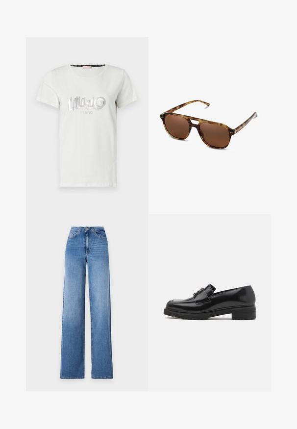 Giacca bomber trapuntata verde oliva con colletto a costine, bottoni a pressione e polsini elasticizzati. Presenta un motivo esagonale testurizzato e tasche laterali.; T-shirt bianca in cotone a maniche corte, con un logo in strass argentati "LIU JO MILANO" in un font giocoso sulla parte anteriore.; Jeans a gamba larga di un azzurro chiaro, realizzati in denim, con vita alta, tasche frontali e chiusura con bottone standard. Texture liscia.; Mocassini in pelle verniciata nera con punta arrotondata, fascia decorativa e dettaglio in metallo argentato sulla parte anteriore. Tacco quadrato e suola texturizzata.; Occhiali da sole tartarugati con lenti marroni, forma rettangolare e aste sottili. Presentano accenti metallici sottili sulla montatura.
