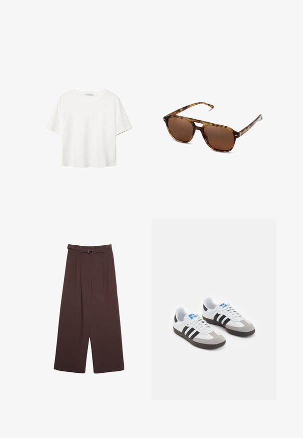 Pikowana bomberka w oliwkowym kolorze z prążkowanym kołnierzem, zatrzaskami i elastycznymi mankietami. Posiada teksturowany wzór w romby oraz, kieszenie po bokach.; Biała koszulka z krótkim rękawem, wykonana z bawełny. Posiada okrągły dekolt i luźny krój. Gładka faktura bez widocznych wzorów czy akcentów.; Stradivarius - Spodnie materiałowe; Buty sportowe z białą skórzaną cholewką, szarym zamszowym noskiem i trzema czarnymi paskami. Posiadają niebieskie logo na języku oraz teksturowaną gumową podeszwę.; Okulary przeciwsłoneczne w desenie żółwia z brązowymi soczewkami, prostokątnym kształtem i cienkimi zausznikami. Charakteryzują się subtelnymi metalicznymi akcentami na oprawie.