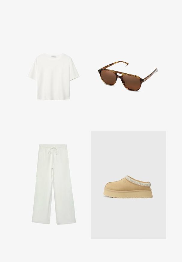 Gepolsterte olivgrüne Bomberjacke mit geripptem Kragen, Druckknöpfen und elastischen Bündchen. Sie verfügt über ein strukturiertes Rautenmuster und seitliche Taschen.; Weißes T-Shirt mit kurzen Ärmeln aus Baumwolle. Hat einen Rundhalsausschnitt und eine lockere Passform. Glatte Textur ohne sichtbare Muster oder Akzente.; Weiße, weit geschnittene Hose aus weichem Stoff. Mit einem elastischen Bund und einem Kordelzug sowie einer glatten Oberfläche. Keine sichtbaren Muster oder Hardware.; Beige Wildleder Slipper mit gepolstertem Kragen und strukturiertem hellblauen Akzent. Verfügt über eine dicke, strapazierfähige Außensohle mit gemusterter Profilierung.; Schildpatt-Sonnenbrille mit braunen Gläsern, rechteckiger Form und dünnen Bügeln. Verfügt über subtile metallische Akzente im Gestell.