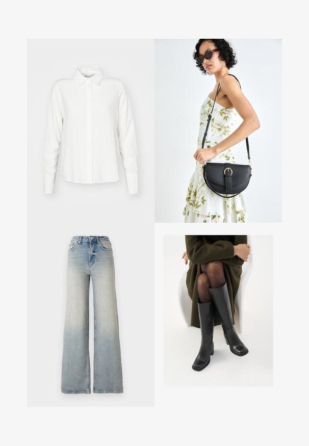 ONLY ONLDEAR TRILLION BELT - Mantel - dark grey; Witte, langemouwen knoopshirt met kraag, gemaakt van gladde stof; heeft een rechte snit en een subtiele textuur.; Lichtblauwe wijdlopende spijkerbroek van denim, met een hoge taille, vijf zakken en zichtbare stiksels langs de naden.; Knieschijf hoge zwarte leren laarzen met een vierkante neus en blokhak, getoond met een model dat zit in een olijfgroene jas. Gladde textuur, minimale details.; Zwarte leren handtas met een gebogen vorm, afneembare schouderband en gouden hardware. De tas heeft een klep met een gespsluiting.