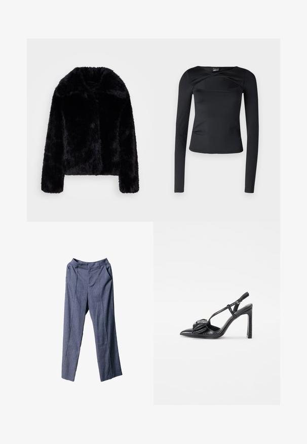 Melnā mākslīgā kažokādas jaka ar augsto apkakli, kurai ir mīksta, pūkaina tekstūra un taisna griezuma. Nav redzamu aizdaru vai rotājumu.; Melnā gara piedurkne top ar gludu audumu. Tam ir plats apaļš kakla izgriezums un pagriešanas detaļa priekšā, ar pieguļošu siluetu.; Tumši zili svītraini bikses ar brīvu piegriezumu, elastīgu jostasvietu, sānu kabatām un gludu, vieglu audumu.; Melnas augstpapēžu kurpes ar norādītu purngalu, spīdīgu tekstūru, plānām siksniņām un dekoratīvu plīšu detalizāciju priekšā.