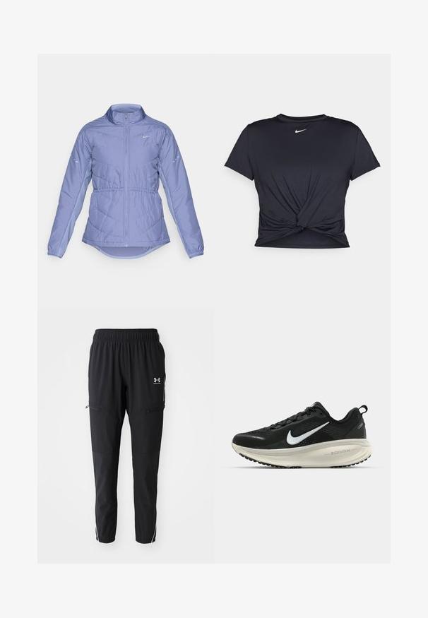 Šviesiai violetinė paminkštinta striukė su pilnu priekiniu užtrauktuku, aukšta apykakle, elastingais rankogaliais ir atspindinčiais Nike logotipais ant krūtinės ir rankovių.; Juodas sportinis marškinėlis, pagamintas iš lygios medžiagos, su surišta priekiu ir mažu baltu Nike logotipu ant krūtinės.; Juodi sportiniai kelnių su elastinga juosta, šoninėmis kišenėmis su užtrauktukais ir kontrastingomis baltomis juostelėmis šonuose. Lengvas audinys.; Juodas Nike sportinis batelis su kvėpuojančiu tinklu, baltu swoosh logotipu, tekstūruoto dizaino detalėmis ir grietinėlės spalvos ZoomX viduriu.