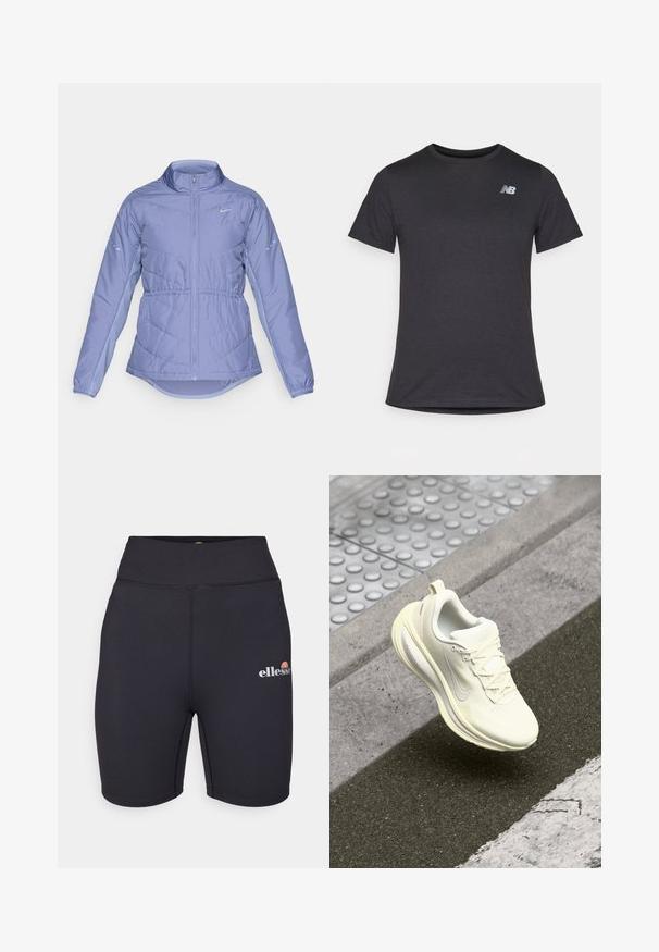 Svijetlopurple jakna s podstavom, potpuno zatvaranje munje, visoki ovratnik, elastične manžete i reflektirajući Nike logotipi na prsima i rukavima.; Crna majica s kratkim rukavima napravljena od mekanog materijala, s malim sivim New Balance logotipom na gornjem lijevom dijelu prsnog koša, klasičnog dizajna s kružnim izrezom.; Crne visokotajne atletske kratke hlače s glatkom površinom, s elastičnom trakom za struk i malim šarenim "ellesse" logotipom na butu.; Bijela trkačka cipela s teksturiranim gornjim dijelom, mrežastim panelima, vezicama i uloškom s amortizacijom. Ima reflektirajući naglasak i blagu zakrivljenost.