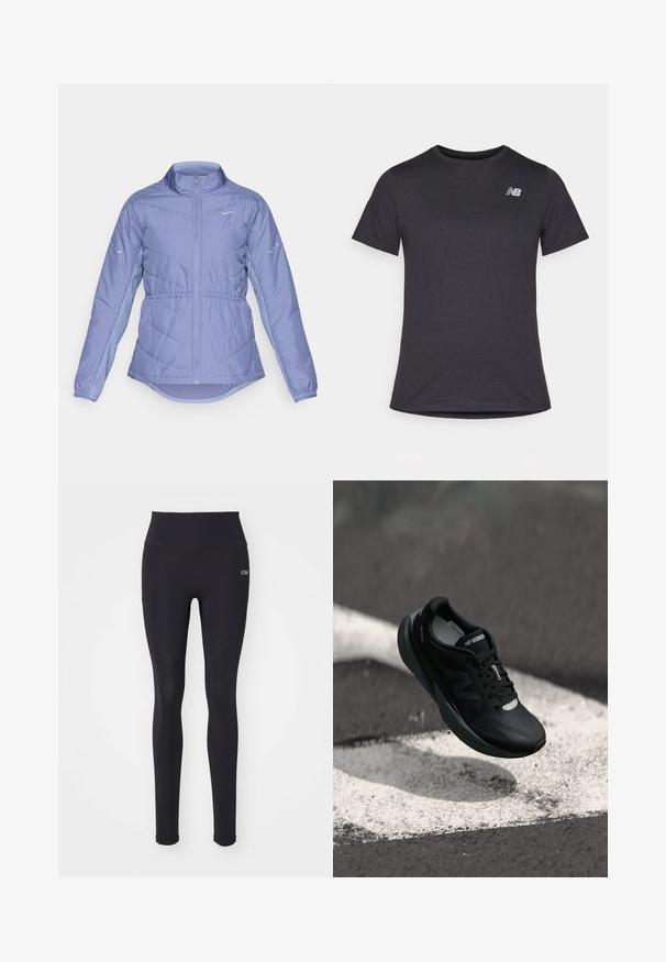 Chaqueta acolchada de color lila claro con cremallera frontal completa, cuello alto, puños elásticos y logotipos reflectantes de Nike en el pecho y las mangas.; Camiseta negra de manga corta hecha de una tela suave, con un pequeño logotipo gris de New Balance en la parte superior izquierda del pecho, diseño clásico de cuello redondo.; Leggings negros hechos de tela elástica, diseño de cintura alta, textura suave, con detalles en las costuras y un pequeño logotipo.; Zapatilla de correr negra con un upper texturizado, diseño elegante y acentos reflectantes. Presenta una suela suave y acolchada para mayor comodidad.