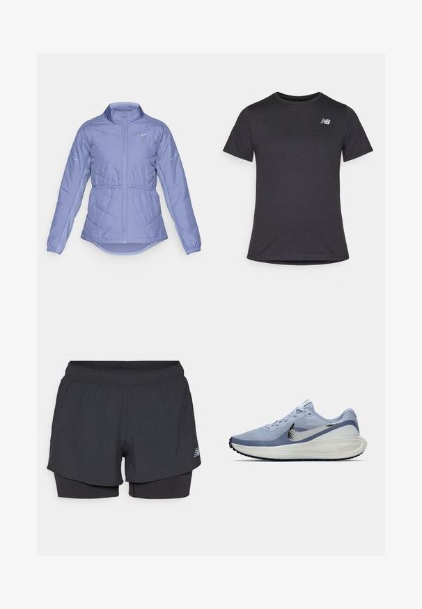 Svijetlopurple jakna s podstavom, potpuno zatvaranje munje, visoki ovratnik, elastične manžete i reflektirajući Nike logotipi na prsima i rukavima.; Crna majica s kratkim rukavima napravljena od mekanog materijala, s malim sivim New Balance logotipom na gornjem lijevom dijelu prsnog koša, klasičnog dizajna s kružnim izrezom.; Crne atletske kratke hlače s unutarnjom podstavom, s elastičnom pasicom, glatke teksture i reflektirajućim logotipom sa strane.; Svijetloplave i bijele Nike tenisice za trčanje sa srebrnim swoosh logotipom, prozračnim mrežastim gornjištem, udobnim potplatom i crnim uzorkom na potplatu.